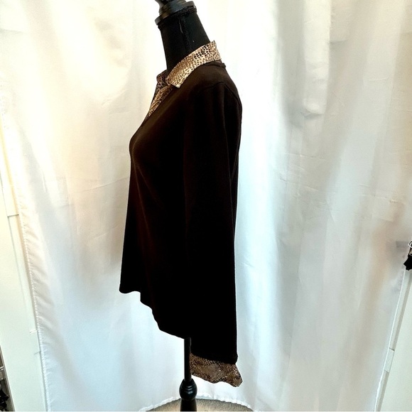 DENVER Hayes Dark chocolate brown knit sweater snake print collar/cuff Sz L - Picture 4 of 13